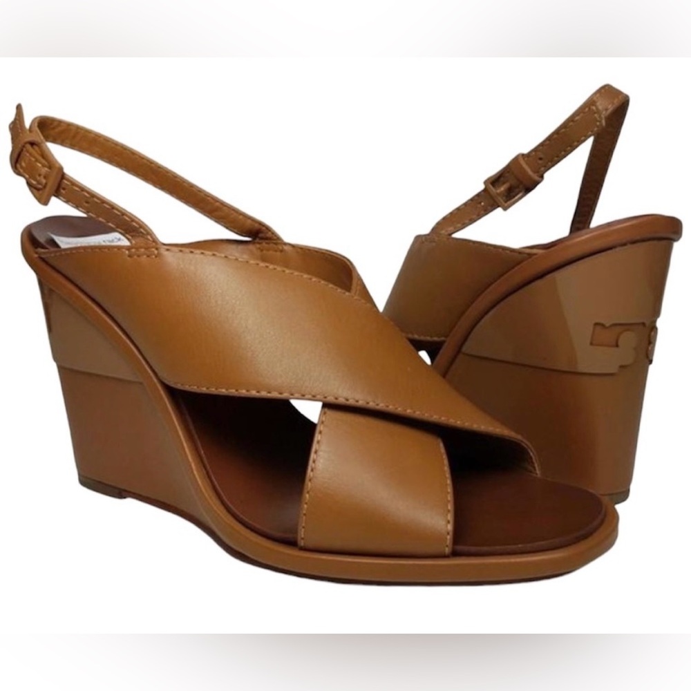 Tory Burch Gabrielle Wedge Sandal Royal‎ Tan Leather Slingback Size 7.5